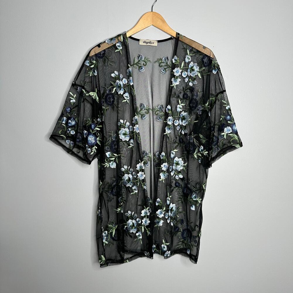 Haptics Floral Mesh Kimono Women Large Black EUC Romantic Boho Sheer Cardigan